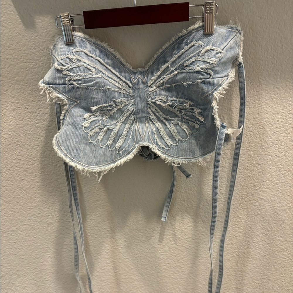Superdown Blue Denim Top with White Accents